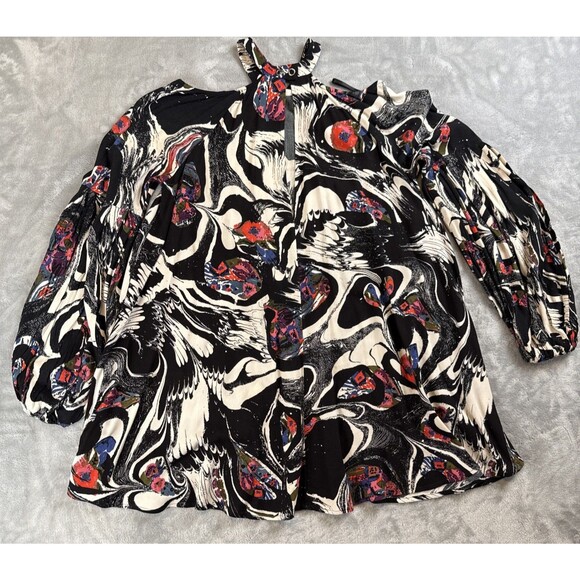 Free People Small Drift Away Tunic Dress Black White Abstract Cold Shoulder Boho - Picture 7 of 7